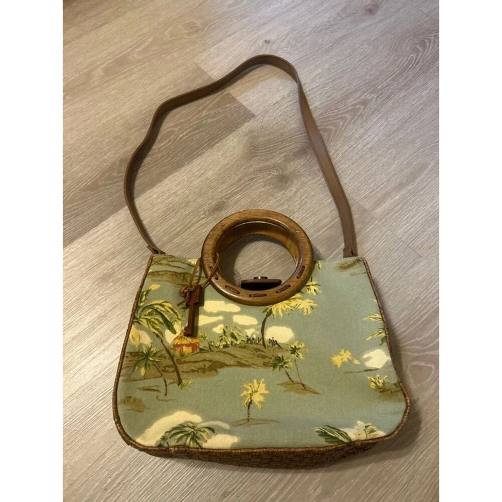 Fossil Y2K Wooden Handle Key-Per Tropical Canvas Handbag with Crossbody Strap